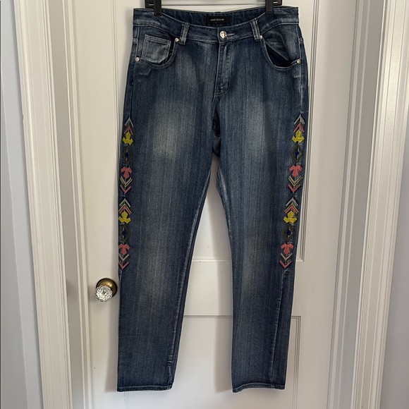 Ashley Stewart Denim - Ashley Stewart Western / Aztec embroidered intentionally weathered jeans
